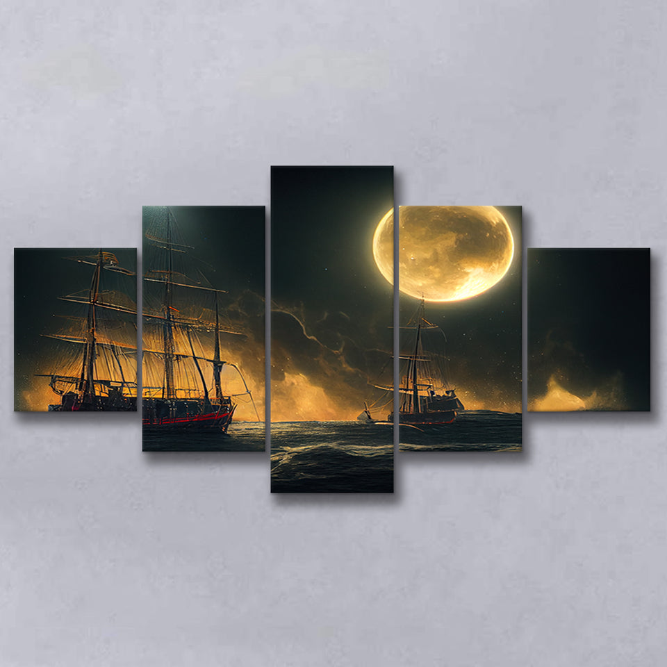Pirate Ship Sailing On The Sea Night Light Moon V2, 5 Piece Canvas Prints Wall Art Decor, Multi Panels,Mixed Canvas