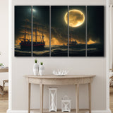 Pirate Ship Sailing On The Sea Night Light Moon V2, 5 Piece Canvas Prints Wall Art Decor, Multi Panels