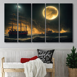 Pirate Ship Sailing On The Sea Night Light Moon V2, 5 Piece Canvas Prints Wall Art Decor, Multi Panels