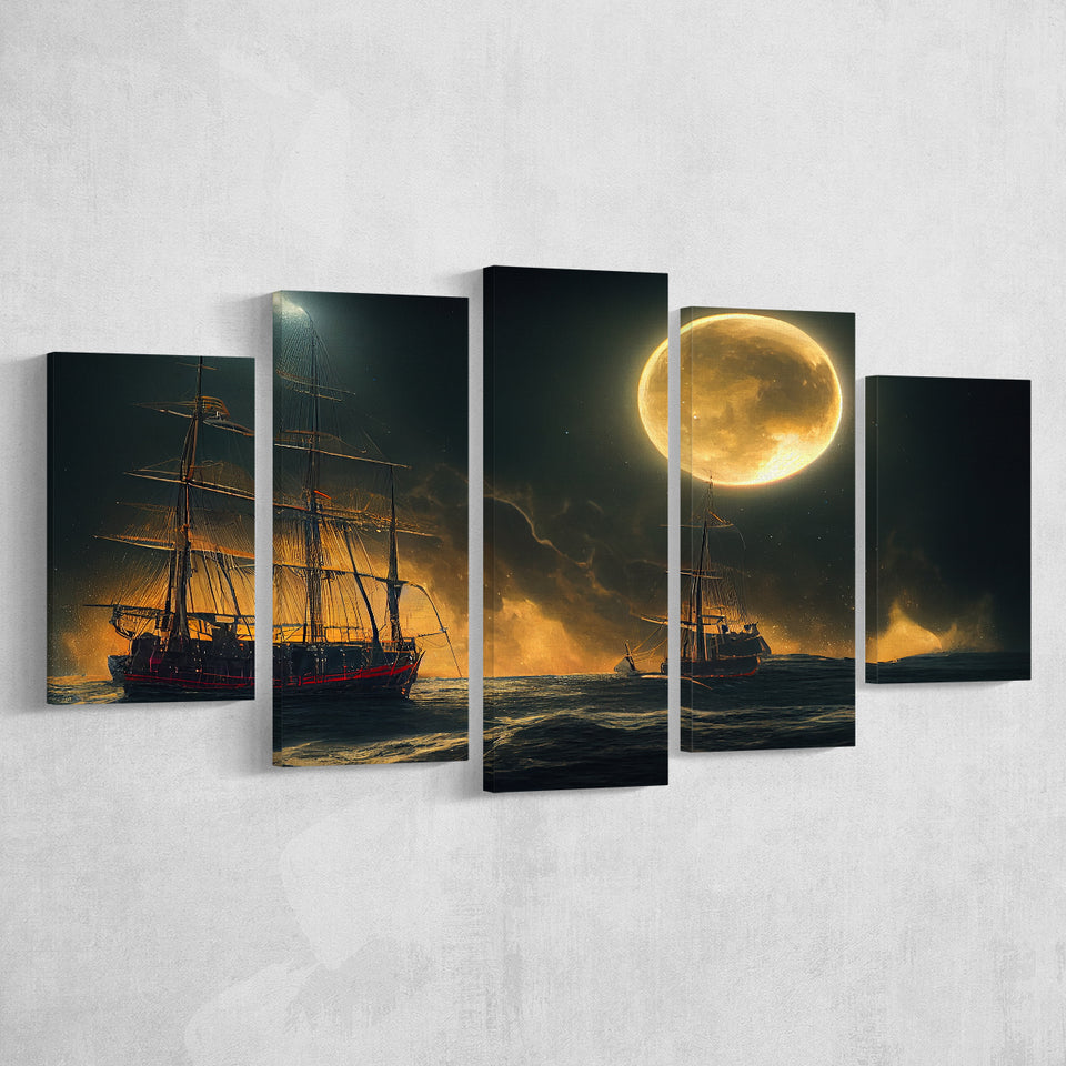 Pirate Ship Sailing On The Sea Night Light Moon V2, 5 Piece Canvas Prints Wall Art Decor, Multi Panels,Mixed Canvas
