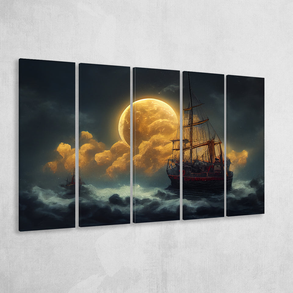 Pirate Ship Sailing On The Sea Night Light Moon, 5 Piece Canvas Prints Wall Art Decor, Multi Panels