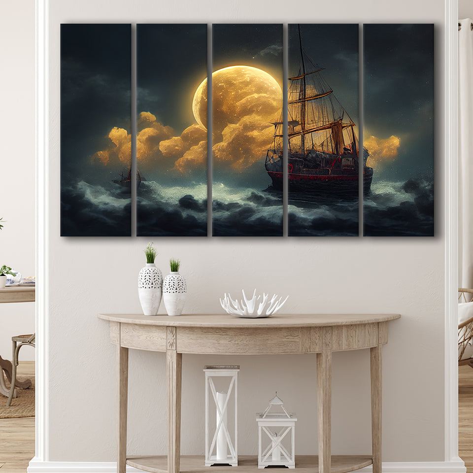 Pirate Ship Sailing On The Sea Night Light Moon, 5 Piece Canvas Prints Wall Art Decor, Multi Panels