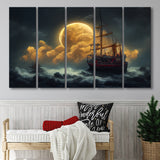 Pirate Ship Sailing On The Sea Night Light Moon, 5 Piece Canvas Prints Wall Art Decor, Multi Panels