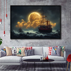 Pirate Ship Sailing On The Sea Night Light Moon, Framed Canvas Prints Wall Art Decor, Framed Picture
