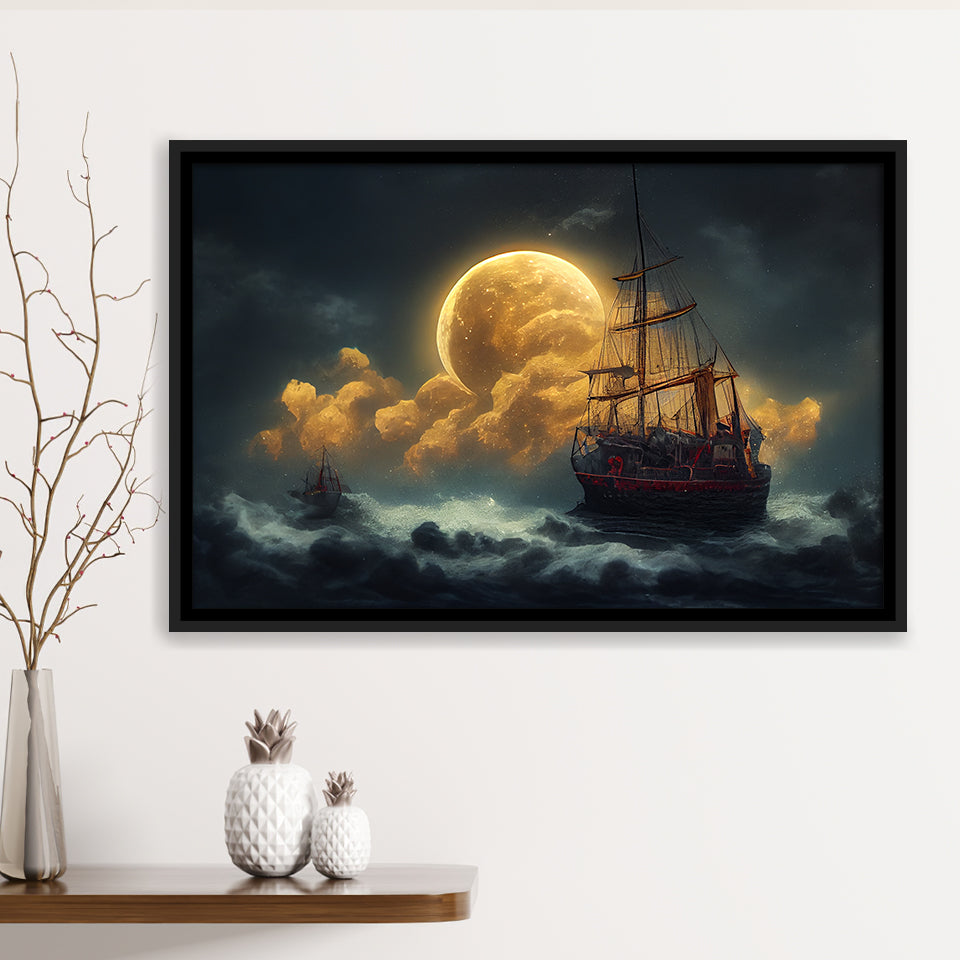 Pirate Ship Sailing On The Sea Night Light Moon, Framed Canvas Prints Wall Art Decor, Framed Picture