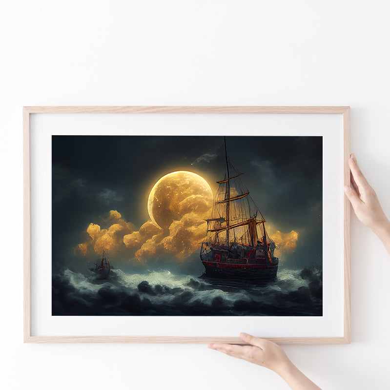 Pirate Ship Sailing On The Sea Night Light Moon, Poster Art, Poster Print Wall Art Decor
