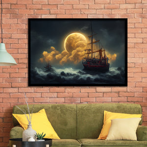 Pirate Ship Sailing On The Sea Night Light Moon, Framed Art Prints Wall Art Decor, Framed Picture