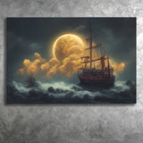 Pirate Ship Sailing On The Sea Night Light Moon, Canvas Prints Wall Art Decor - Painting Canvas,Art Prints