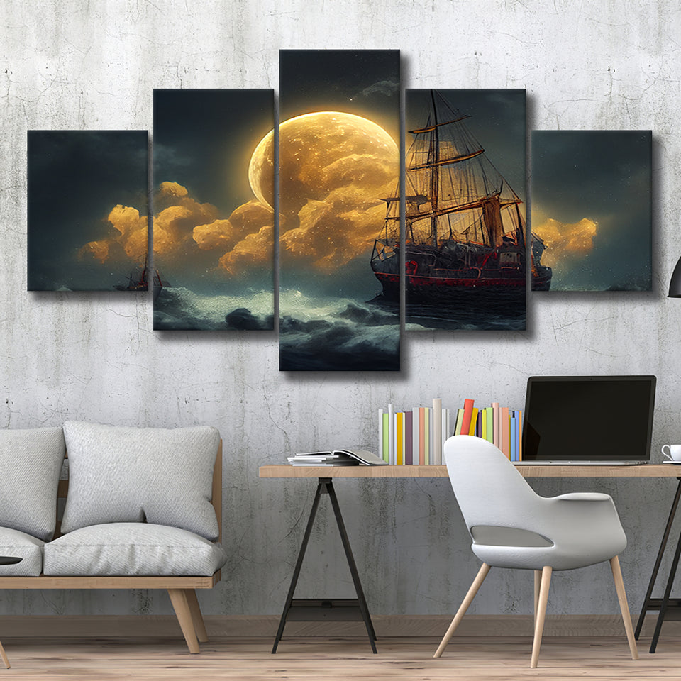 Pirate Ship Sailing On The Sea Night Light Moon, 5 Piece Canvas Prints Wall Art Decor, Multi Panels,Mixed Canvas