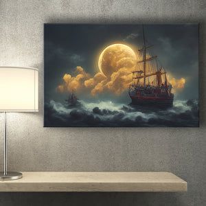 Pirate Ship Sailing On The Sea Night Light Moon, Canvas Prints Wall Art Decor - Painting Canvas,Art Prints
