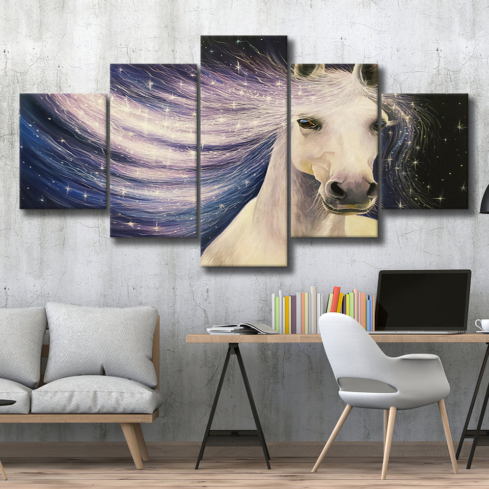 Portrait-White-Horse Oil Painting 5 Panels, Canvas Prints Wall Art Decor, Large Canvas Art