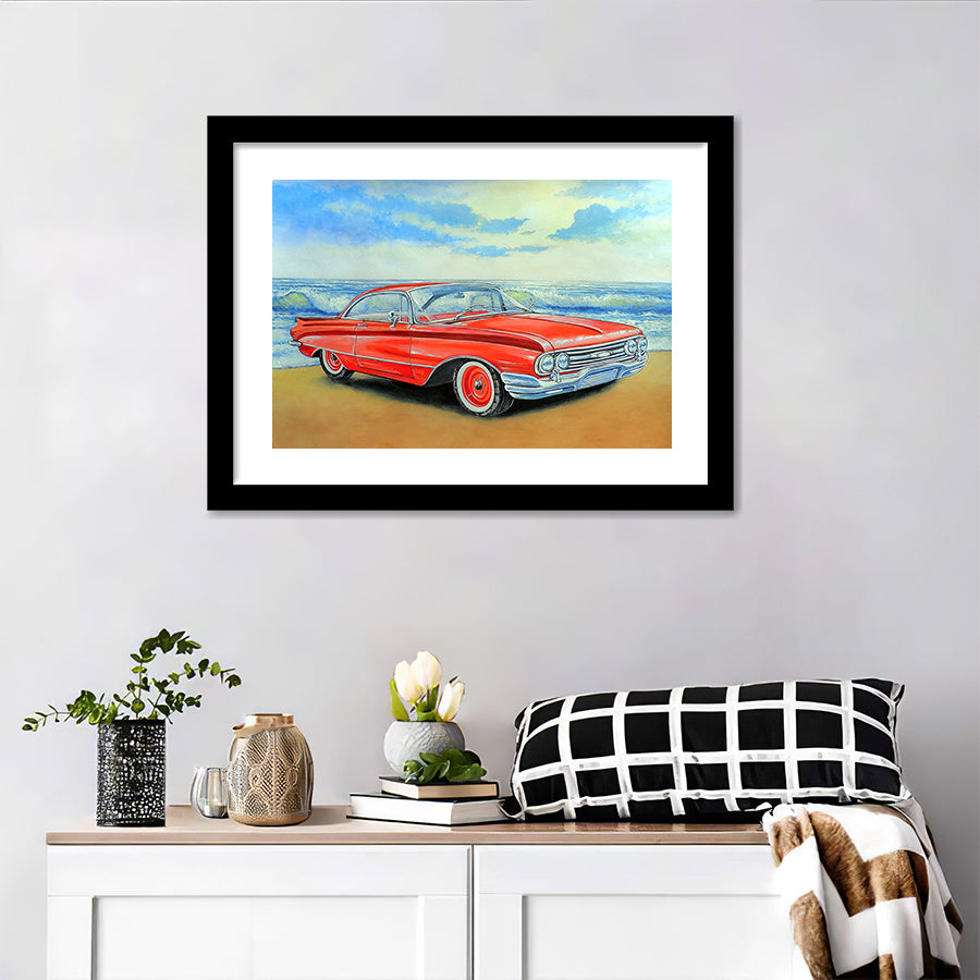 Red Retro Car And Sea Painting Watercolor Acrilic Wall Art Print - Framed Art, Framed Prints, Painting Print