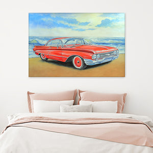 Red Retro Car And Sea Painting Watercolor Acrilic Canvas Wall Art - Canvas Prints, Prints For Sale, Painting Canvas,Canvas On Sale