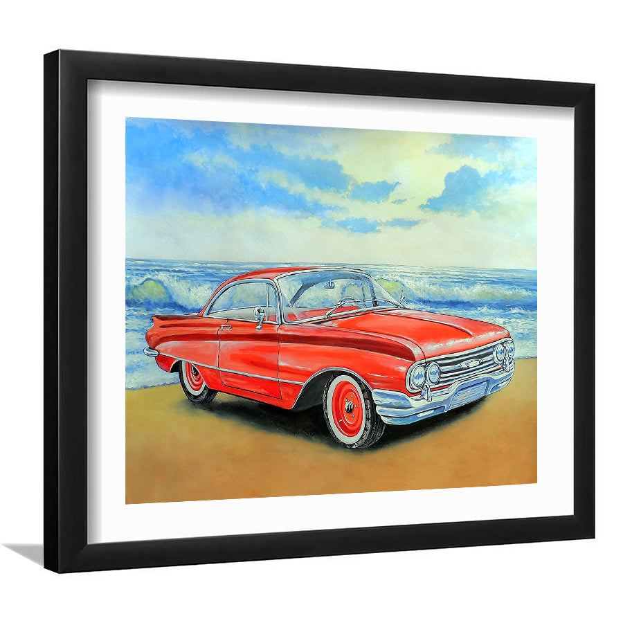 Red Retro Car And Sea Painting Watercolor Acrilic Wall Art Print - Framed Art, Framed Prints, Painting Print