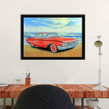 Red Retro Car And Sea Painting Watercolor Acrilic Canvas Wall Art - Canvas Print, Framed Canvas, Painting Canvas