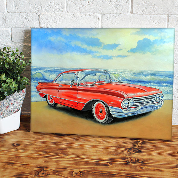 Red Retro Car And Sea Painting Watercolor Acrilic Canvas Wall Art - Canvas Prints, Prints For Sale, Painting Canvas,Canvas On Sale