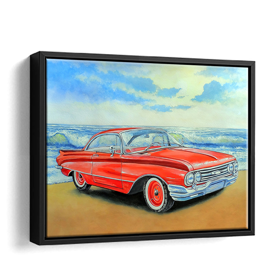 Red Retro Car And Sea Painting Watercolor Acrilic Canvas Wall Art - Canvas Print, Framed Canvas, Painting Canvas