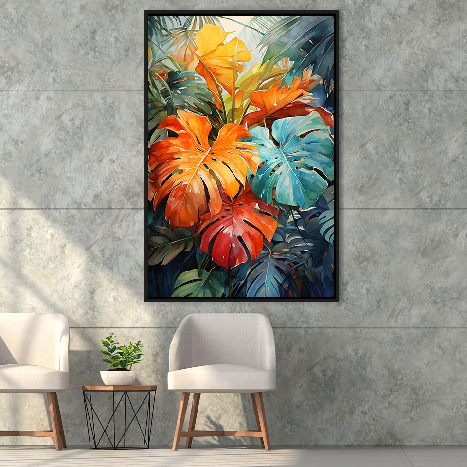 Ropical Leaves Palm Tree Watercolor V1 Framed Canvas Prints Wall Art Home Decor, Painting Canvas, Floating Frame