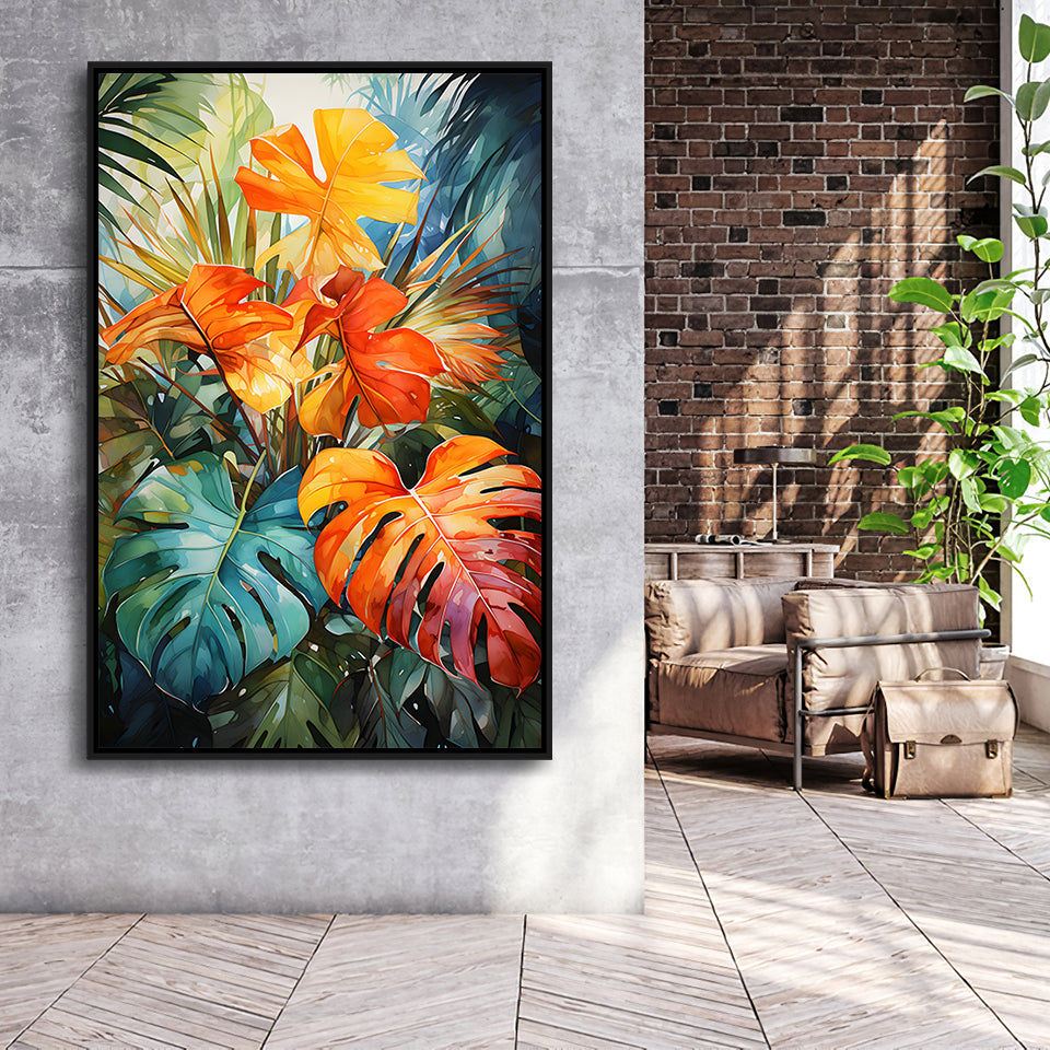 Ropical Leaves Palm Tree Watercolor V2 Framed Canvas Prints Wall Art Home Decor, Painting Canvas, Floating Frame