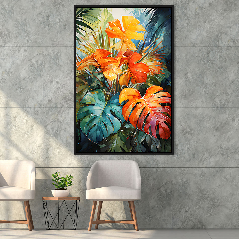 Ropical Leaves Palm Tree Watercolor V2 Framed Canvas Prints Wall Art Home Decor, Painting Canvas, Floating Frame