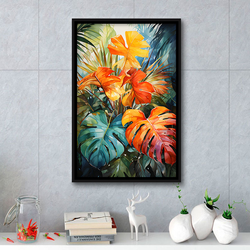 Ropical Leaves Palm Tree Watercolor V2 Framed Canvas Prints Wall Art Home Decor, Painting Canvas, Floating Frame