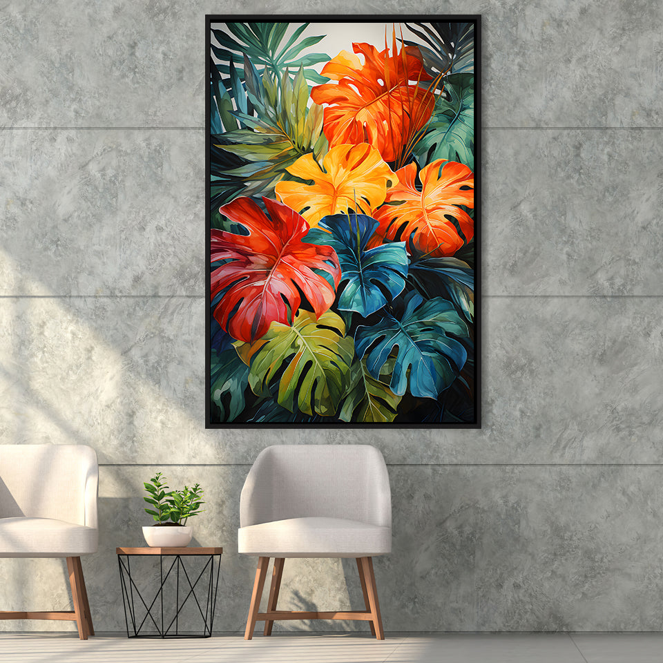 Ropical Leaves Palm Tree Watercolor V3 Framed Canvas Prints Wall Art Home Decor, Painting Canvas, Floating Frame
