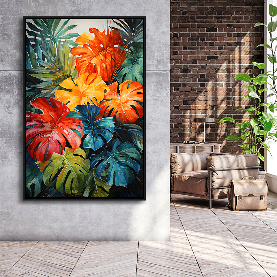 Ropical Leaves Palm Tree Watercolor V3 Framed Canvas Prints Wall Art Home Decor, Painting Canvas, Floating Frame