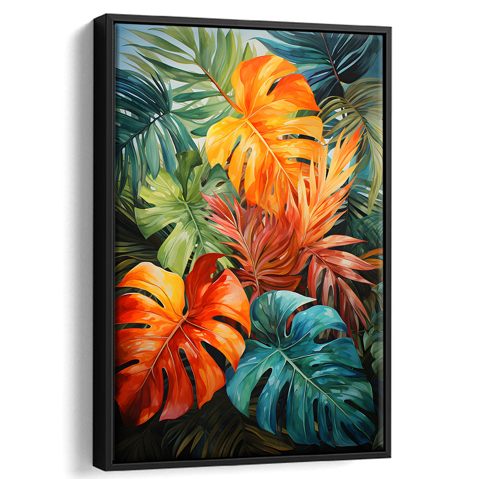 Ropical Leaves Palm Tree Watercolor V4 Framed Canvas Prints Wall Art Home Decor, Painting Canvas, Floating Frame