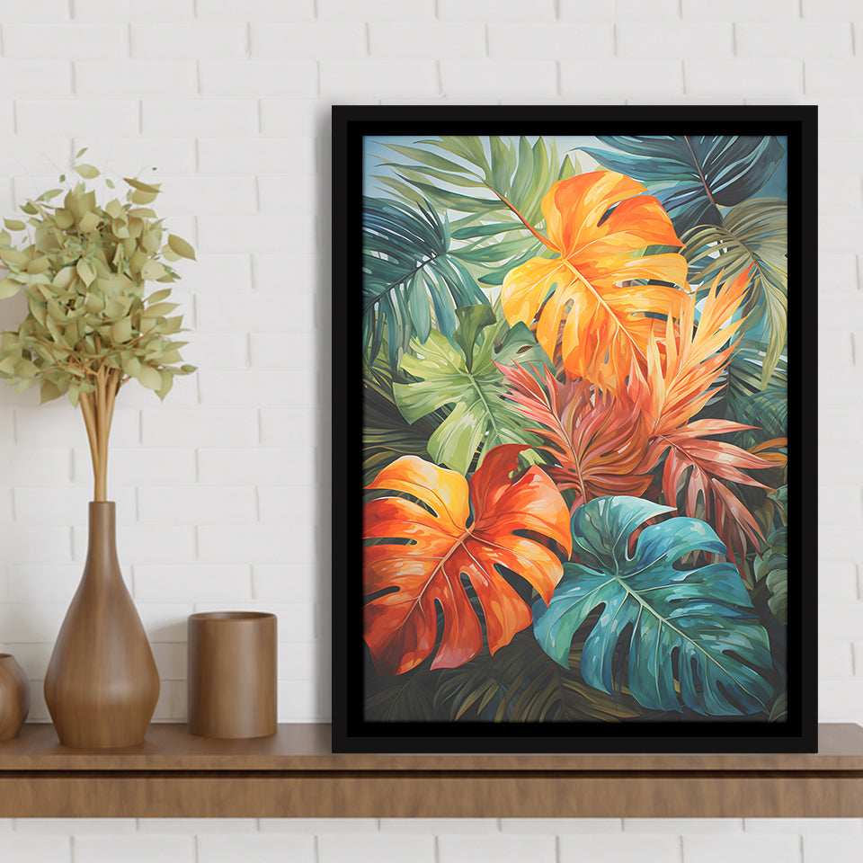 Ropical Leaves Palm Tree Watercolor V4 Framed Canvas Prints Wall Art Home Decor, Painting Canvas, Floating Frame