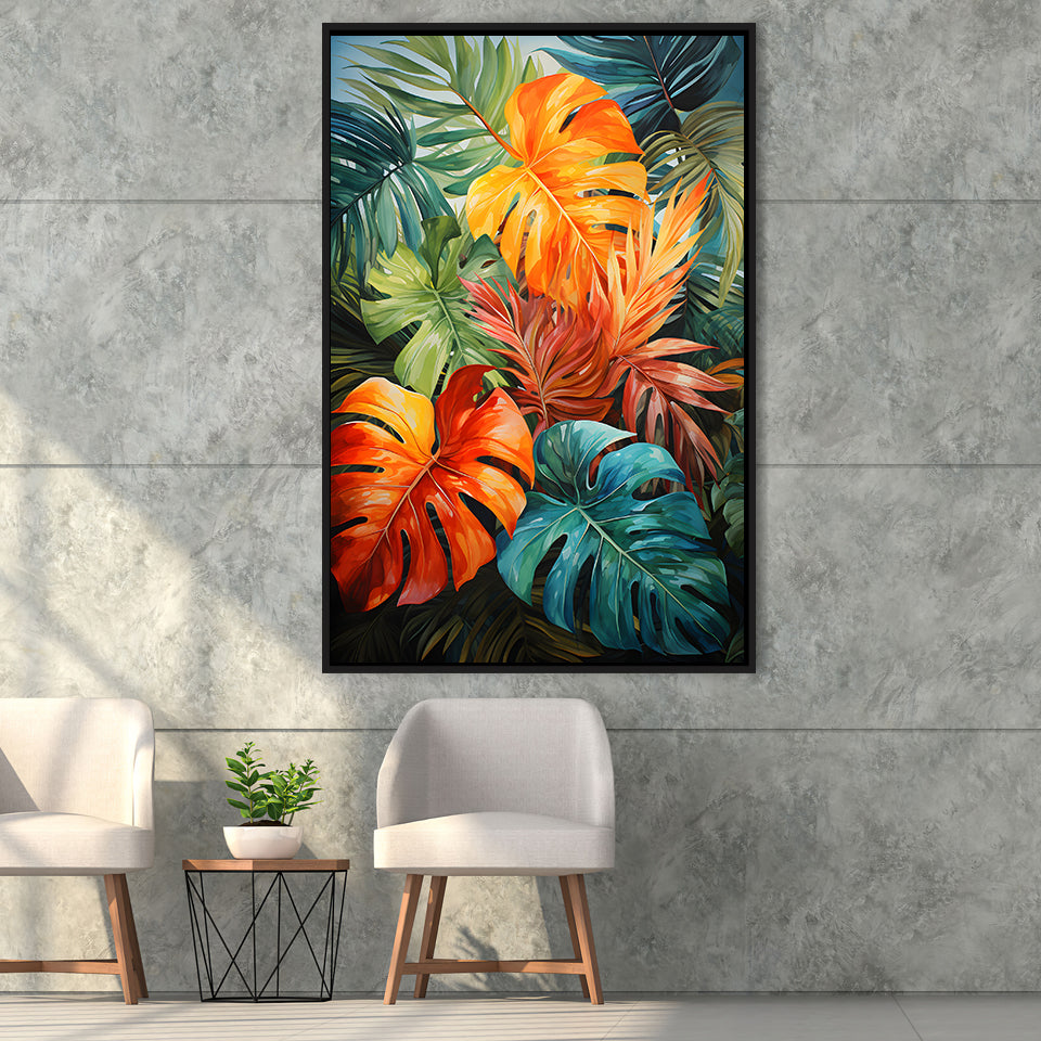 Ropical Leaves Palm Tree Watercolor V4 Framed Canvas Prints Wall Art Home Decor, Painting Canvas, Floating Frame