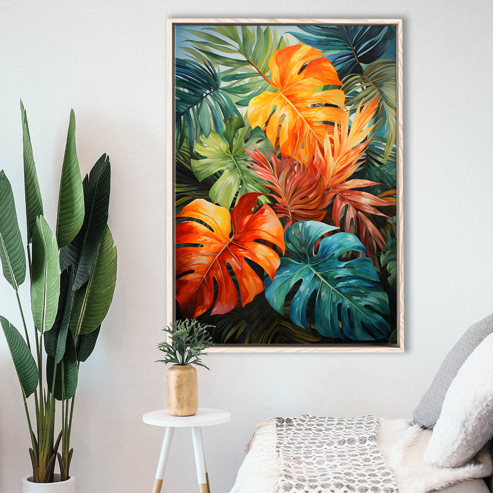 Ropical Leaves Palm Tree Watercolor V4 Framed Canvas Prints Wall Art Home Decor, Painting Canvas, Floating Frame