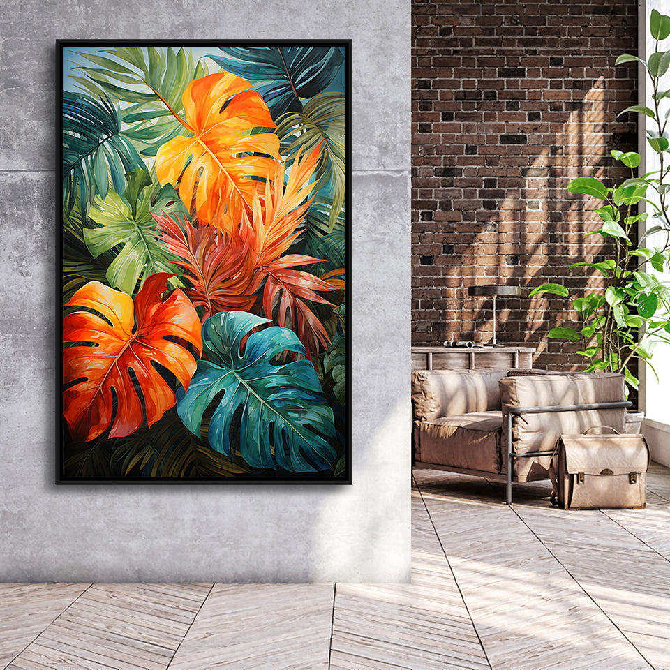 Ropical Leaves Palm Tree Watercolor V4 Framed Canvas Prints Wall Art Home Decor, Painting Canvas, Floating Frame