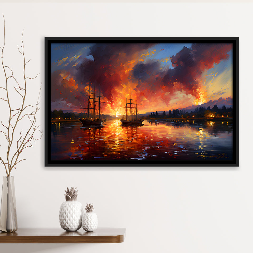 Ship Sailing In Sunset Oil Painting Framed Canvas Prints Wall Art Home Decor, Painting Canvas, Floating Frame