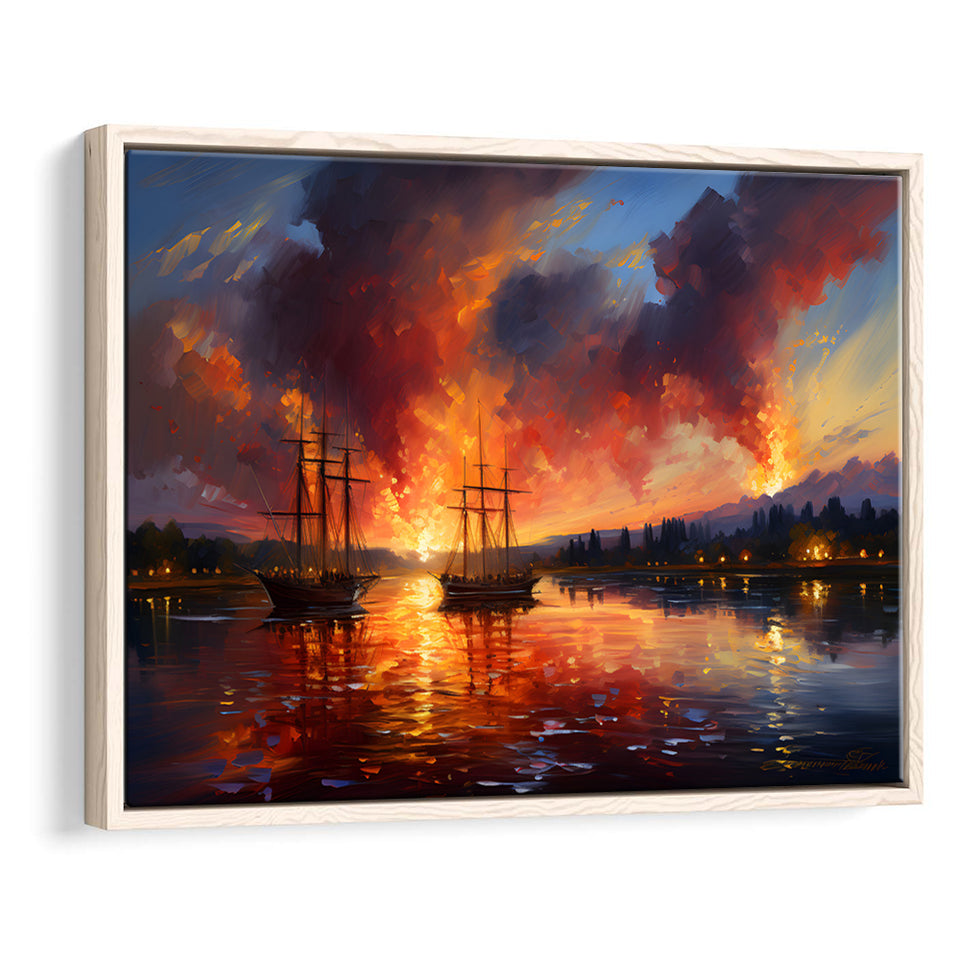 Ship Sailing In Sunset Oil Painting Framed Canvas Prints Wall Art Home Decor, Painting Canvas, Floating Frame