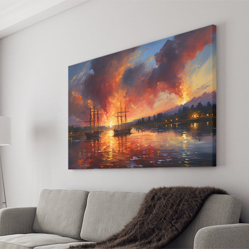 Ship Sailing In Sunset Oil Painting Canvas Prints Wall Art Home Decor, Painting Canvas, Living Room Wall Decor