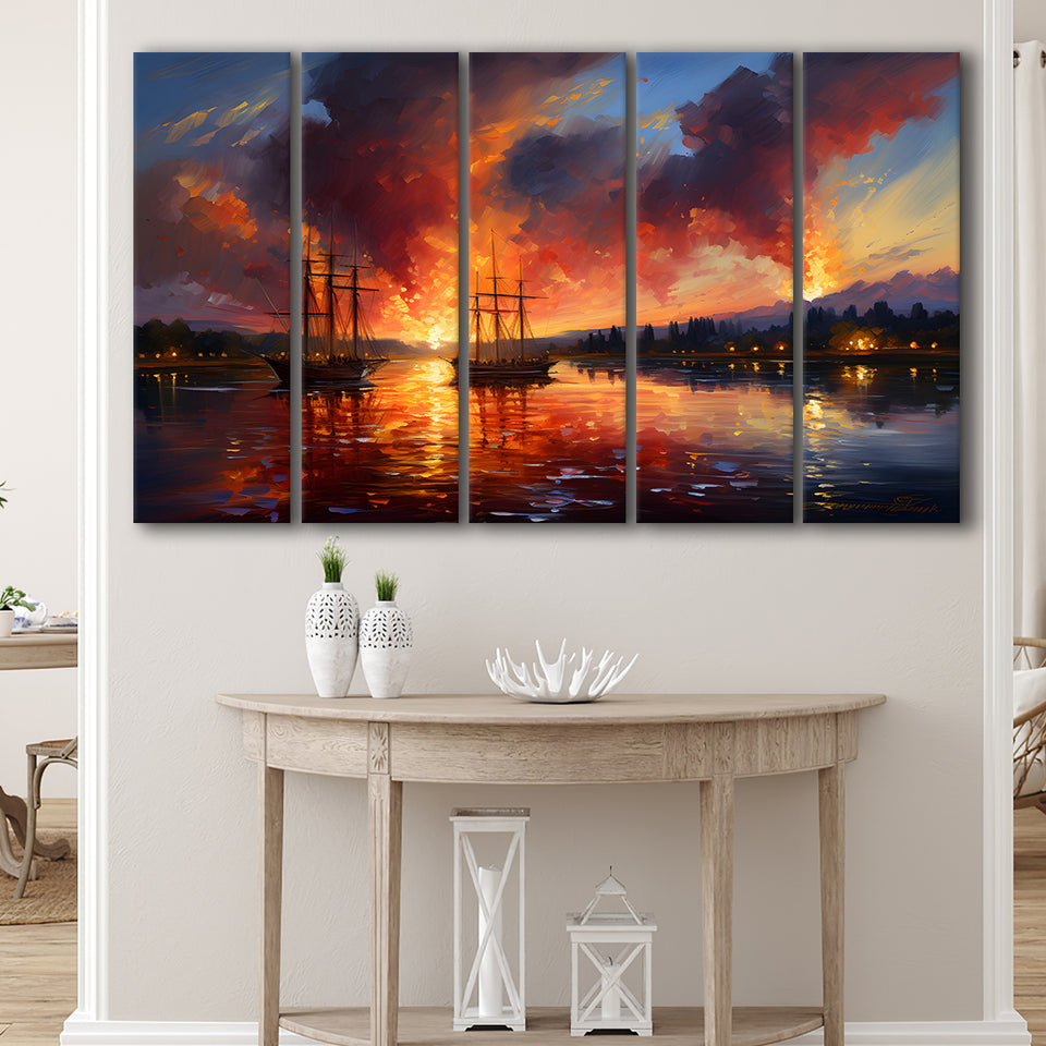Ship Sailing In Sunset Oil Painting 5 Panels B Canvas Prints Wall Art Home Decor, Extra Large Canvas