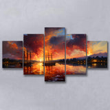 Ship Sailing In Sunset Oil Painting 5 Panels Canvas Prints Wall Art Home Decor, Large Mixed Canvas