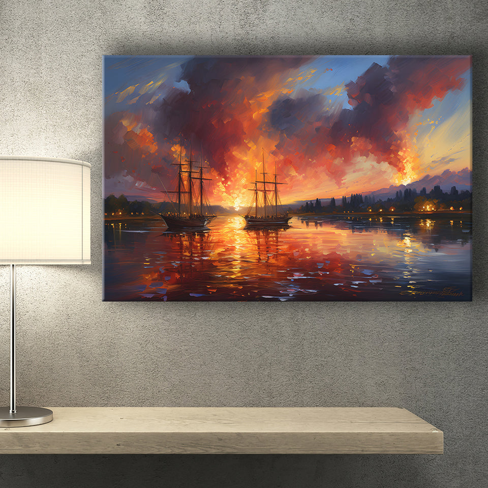 Ship Sailing In Sunset Oil Painting Canvas Prints Wall Art Home Decor, Painting Canvas, Living Room Wall Decor