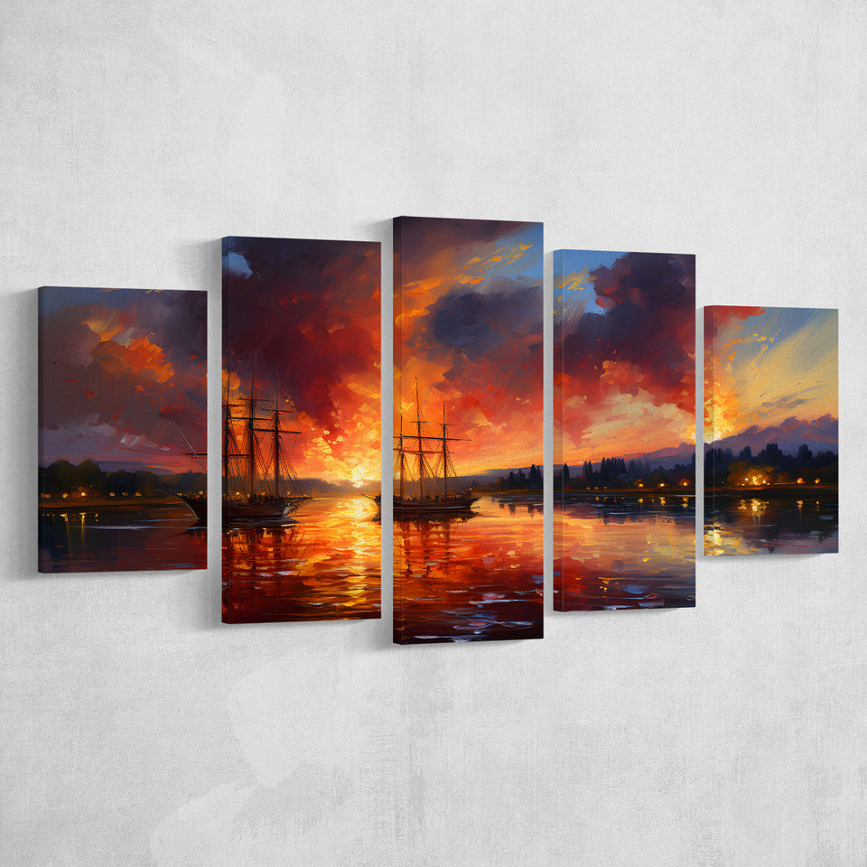 Ship Sailing In Sunset Oil Painting 5 Panels Canvas Prints Wall Art Home Decor, Large Mixed Canvas