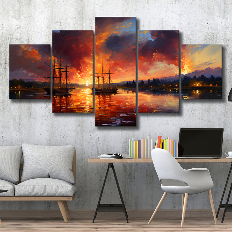 Ship Sailing In Sunset Oil Painting 5 Panels Canvas Prints Wall Art Home Decor, Large Mixed Canvas