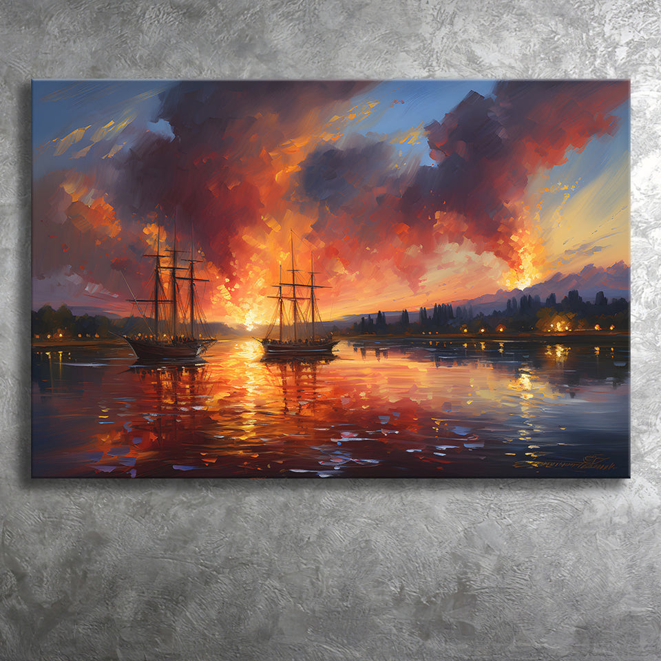 Ship Sailing In Sunset Oil Painting Canvas Prints Wall Art Home Decor, Painting Canvas, Living Room Wall Decor