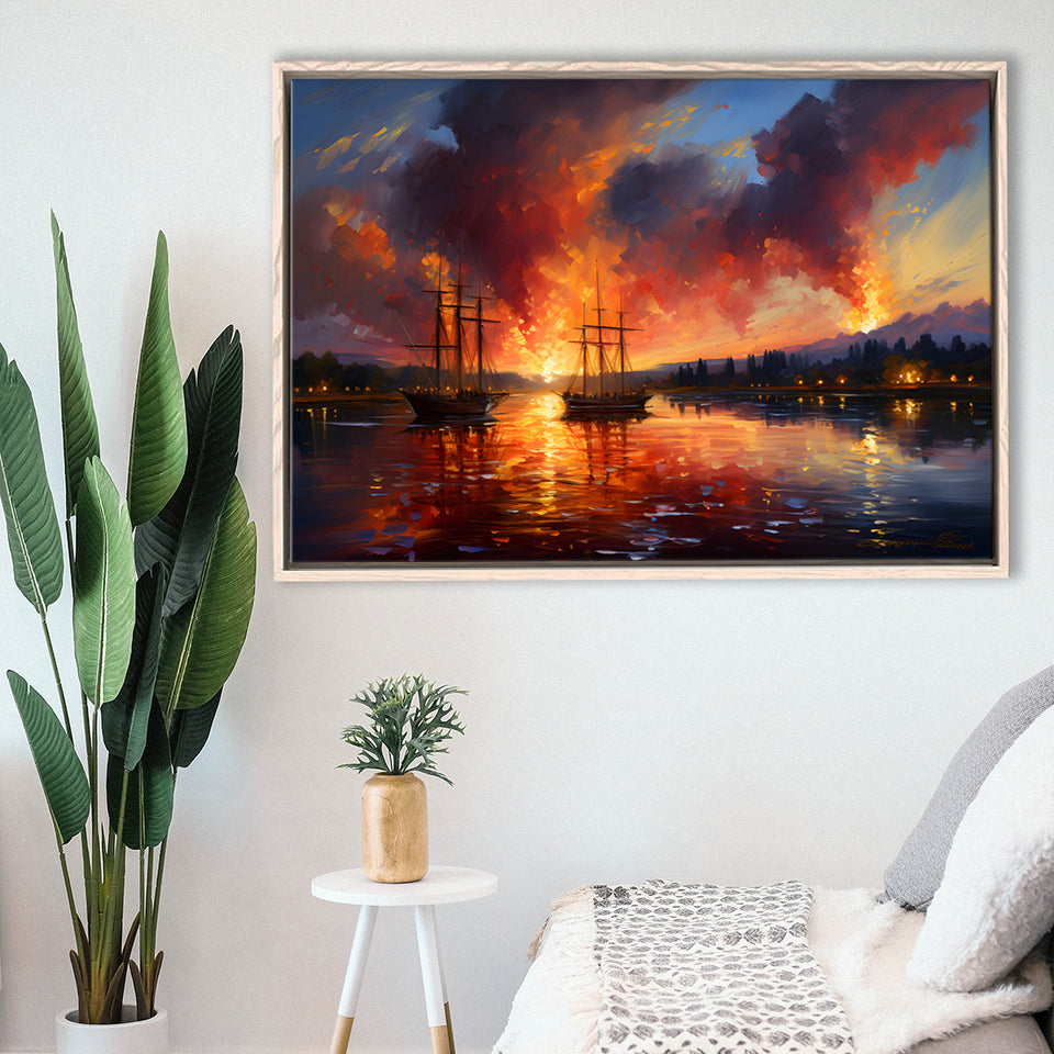 Ship Sailing In Sunset Oil Painting Framed Canvas Prints Wall Art Home Decor, Painting Canvas, Floating Frame