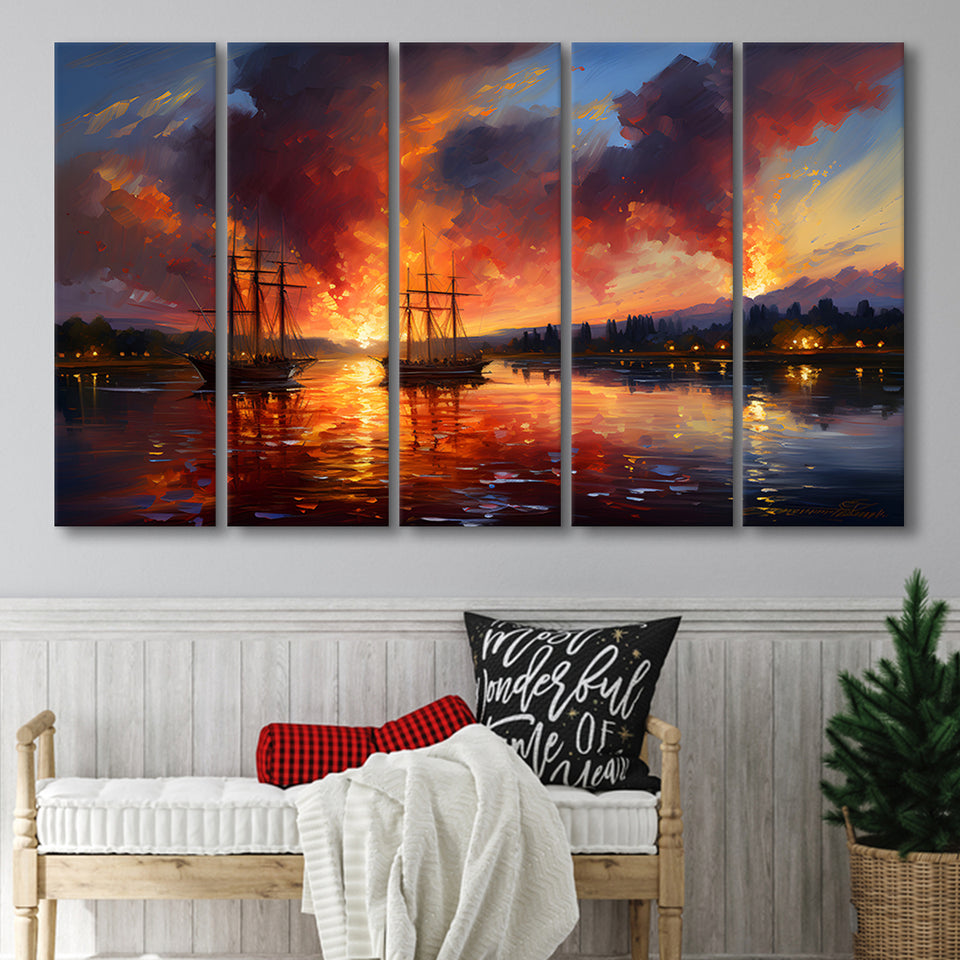 Ship Sailing In Sunset Oil Painting 5 Panels B Canvas Prints Wall Art Home Decor, Extra Large Canvas