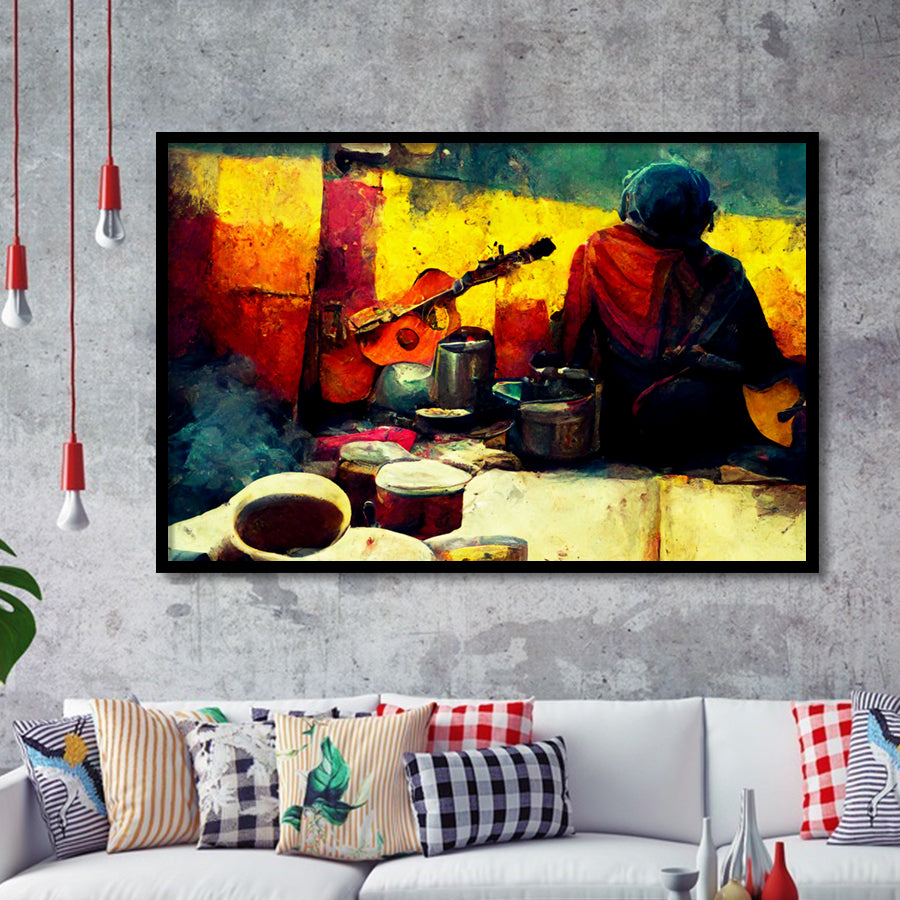 Singer Playing Guitar Abstract Musical Art Framed Art Print Wall Decor - Painting Art, Framed Picture, Home Decor