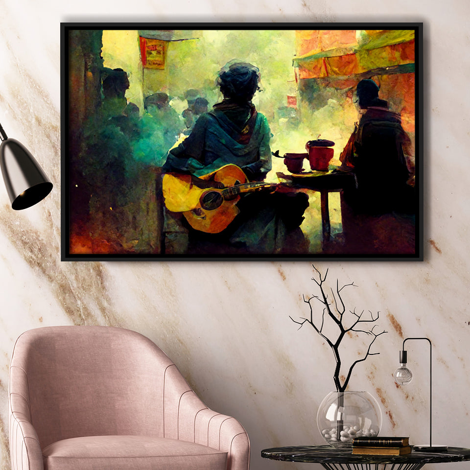 Tableau Moderne Toile Tendue, Musicien Guitariste Abstrait, Décoration Murale Prêt à Poser