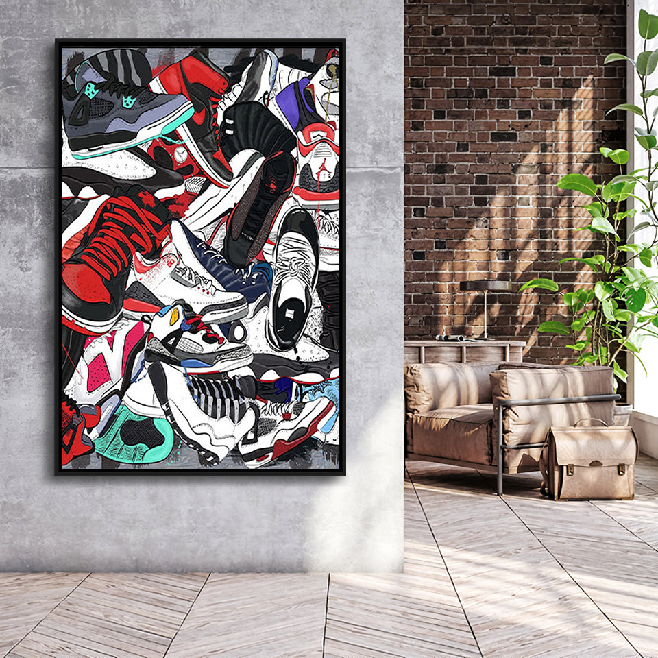 Sneakers Graffiti Street Art Framed Canvas Prints Wall Art Home Decor, Floating Frame