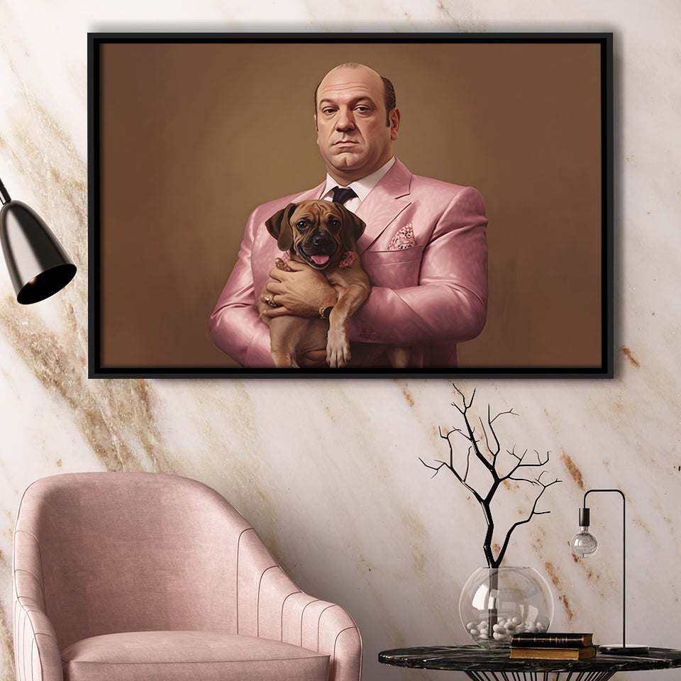 Soprano Holding A Poodle In The Style Of Princess Framed Canvas Prints Wall Art Home Decor, Painting Canvas, Floating Frame