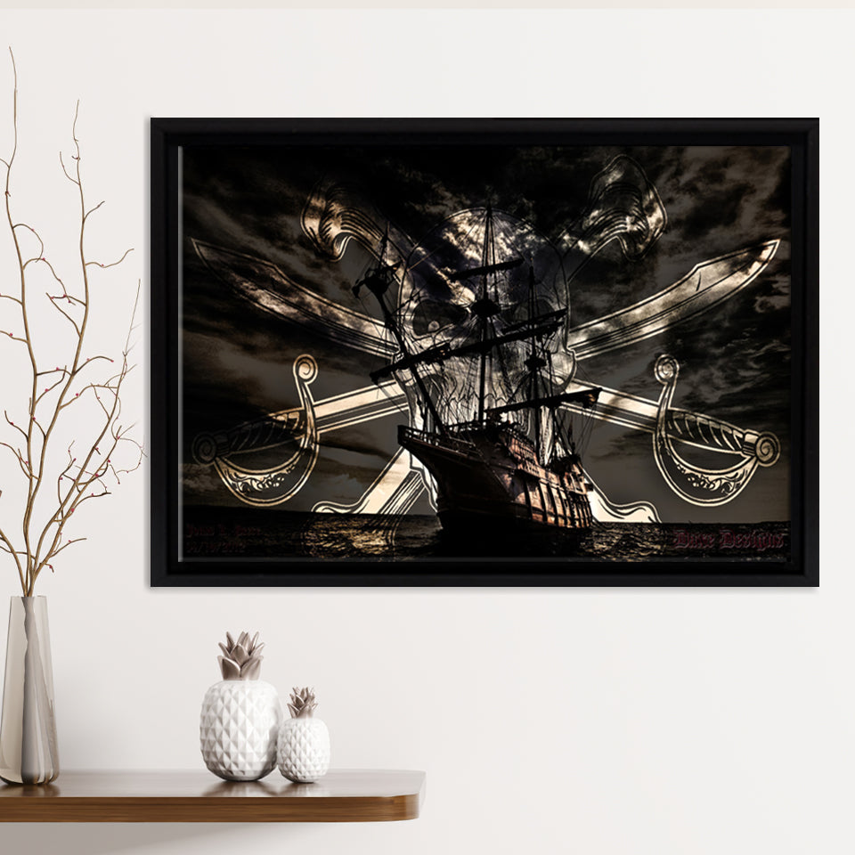 Still Life Pirate Ship Framed Canvas Prints Wall Art - Painting Canvas, Home Wall Decor, Prints for Sale,Black Frame