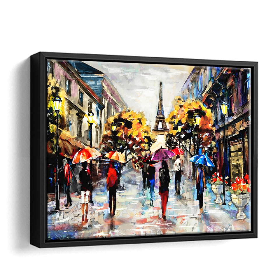 Eiffel Tower People Under A Red Blue Umbrella Tree France Canvas Wall Art - Canvas Print, Framed Canvas, Painting Canvas