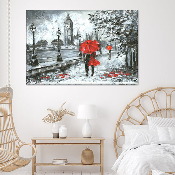 Couple Walking in London Black White And Red Big Ben Canvas Wall Art - Canvas Prints, Prints For Sale, Painting Canvas,Canvas On Sale